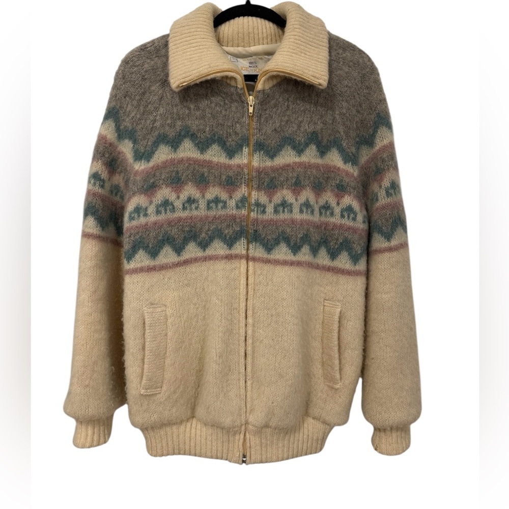 VTG Ice-Knit 100% Wool Icelandic Zip Up Sweater Jacket Cabincore (Size XL)